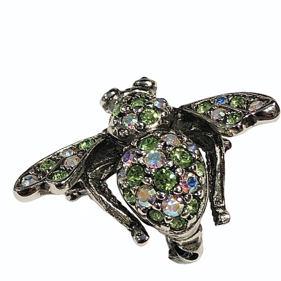 JOAN RIVERS CLEAR AURORA BOREALIS & GREEN CRYSTALS SILVER TONE BUMBLEBEE BROOCH - Picture 5 of 16